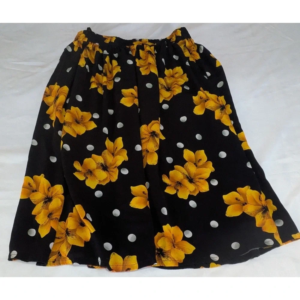 Vintage 2 Piece Skirt‎ Set Womens 12 Black Yellow Floral Polka Dot Rayon 90s